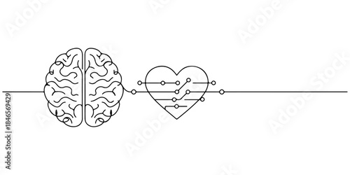 Continuous one line drawing of a brain connected to a heart icon with data lines, symbolizing emotional intelligence powered by AI for modern posters.