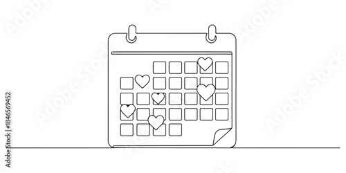 Continuous one line drawing of a calendar with heart-shaped reminders, representing digital routines for mental wellness on greeting cards and productivity apps.