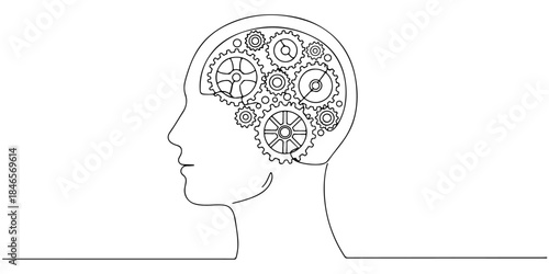 Continuous one line drawing of a human  with gears inside the head, symbolizing tech-enhanced mental health solutions for posters and wellness branding.