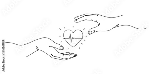 Continuous line drawing of two hands exchanging digital hearts, symbolizing an online mental health support community for posters and greeting cards.