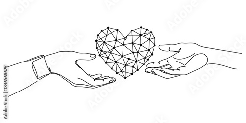 Continuous line drawing of two hands exchanging digital hearts, symbolizing an online mental health support community for posters and greeting cards.