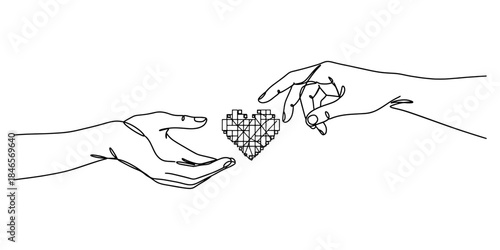 Continuous line drawing of two hands exchanging digital hearts, symbolizing an online mental health support community for posters and greeting cards.