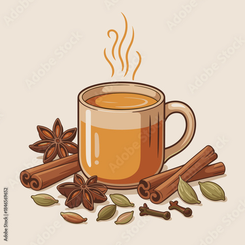Steaming pumpkin spiced chai tea with autumn spices vector – Great for cozy holiday menus, seasonal marketing, or Thanksgiving recipe content.