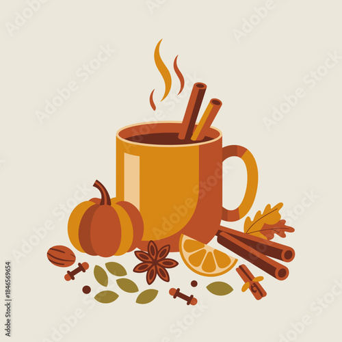 Clean vector illustration of pumpkin chai tea and autumn spices – Suitable for modern fall designs, Thanksgiving invitations, or seasonal food blogs.