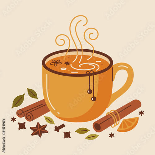 Warm pumpkin chai tea with cinnamon and spices vector – Ideal for minimalist autumn aesthetic, holiday promotions, or cozy beverage branding.