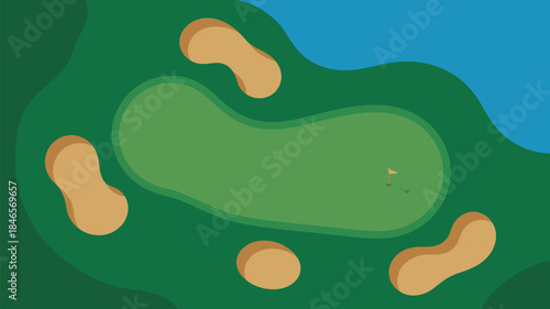 Serene golf course with sand traps and blue water hazard