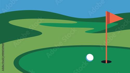 Golf ball on green with flagstick on beautiful sunny day