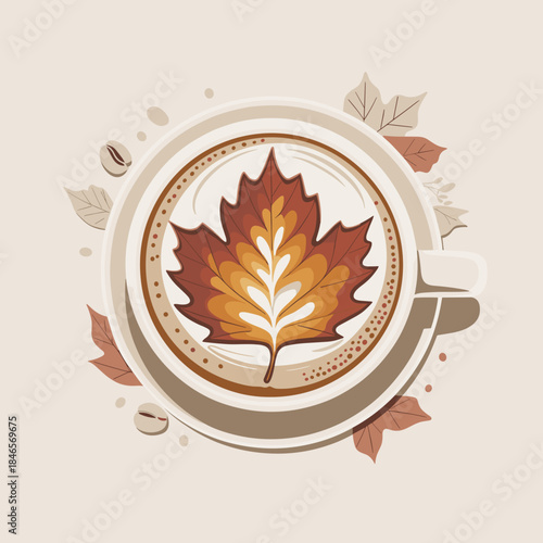 Intricate autumn leaf latte art on coffee vector illustration – Great for modern seasonal designs, warm beverage advertising, or fall decor prints.