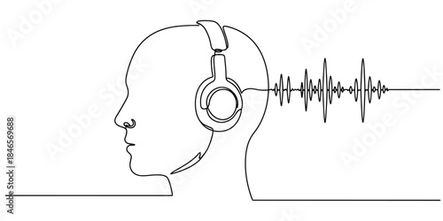 Continuous line drawing of a human head with a headset and calm audio wave icons, representing audio therapy apps for mental wellness posters and product branding.