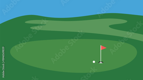 Golf ball on green with red flag on putting course outdoors
