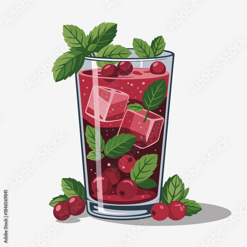 Crisp Vector Illustration of Cranberry Mojito with Ice – Perfect for modern drink posters or website design.