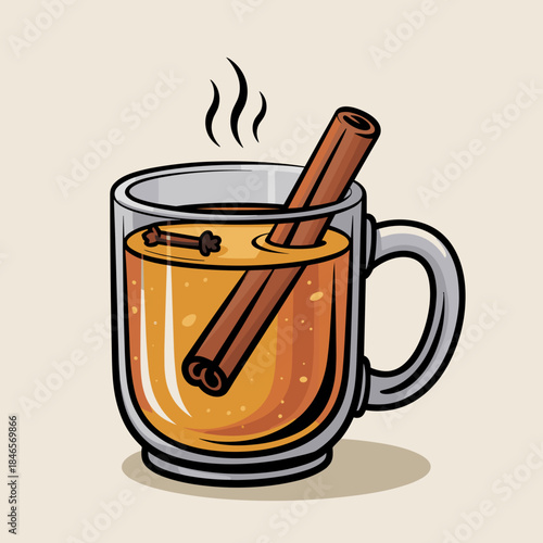 Amber apple cider vector in glass mug with cinnamon and cloves – Ideal for autumn-themed graphics, beverage labels, or digital holiday cards.