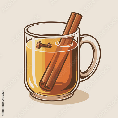 Clear mug of warm apple cider vector illustration with cinnamon stick – Perfect for cozy autumn content, holiday beverage recipes, or hot drink menus.