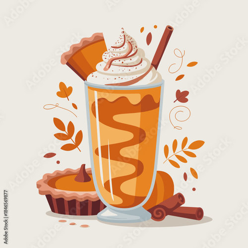 Vibrant pumpkin pie milkshake vector illustration with mini pie slice garnish – Suitable for holiday menu design, sweet treat promotions, or flat design graphics.