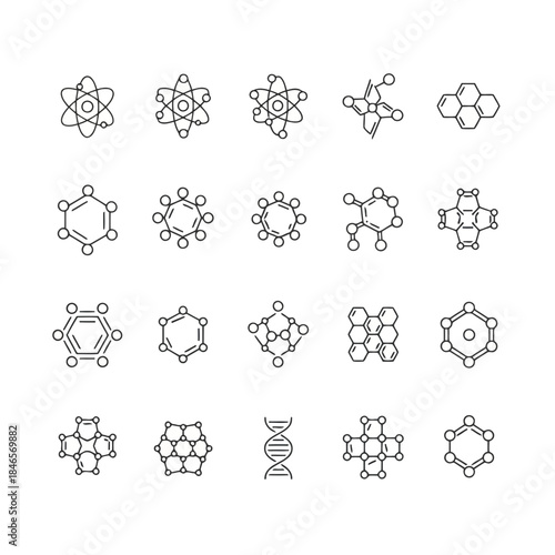 Collection of various geometric shapes and molecular structures in black and white line art style