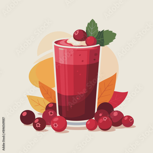 Vibrant cranberry smoothie vector with fresh cranberries and mint leaf – Perfect for healthy food blogs, seasonal drink promotions, or wellness graphics.