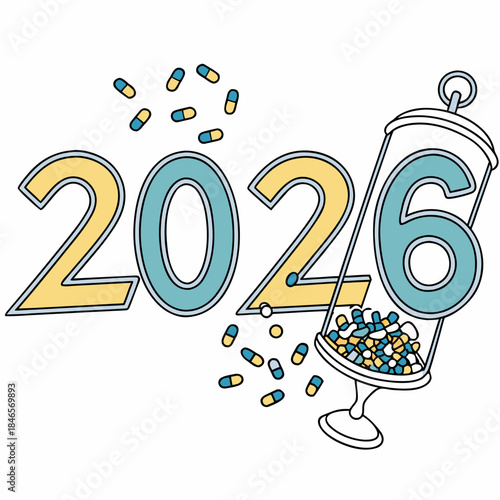 Medical 2026 New Year Typography with Pharmaceutical Pills and Capsules