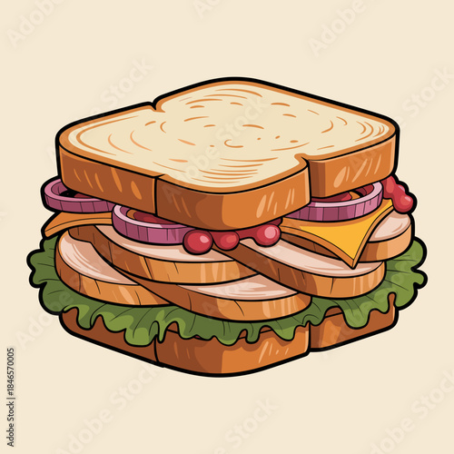 Turkey sandwich vector with roasted turkey and cranberry sauce – Great for holiday leftover recipes, restaurant promotions, or Thanksgiving-themed food content.