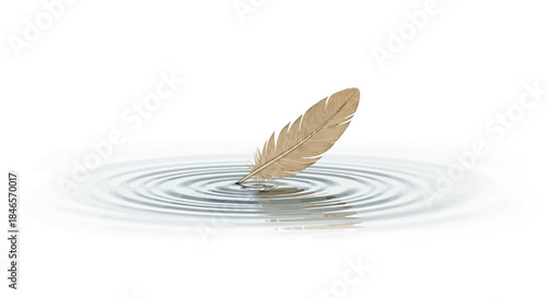 Gentle feather touching the water surface creating soft concentric circles on pure water serene