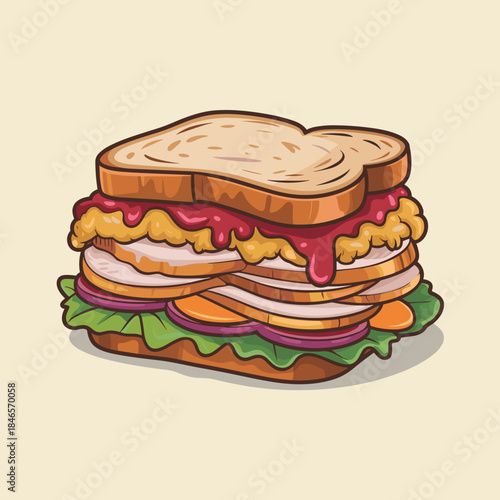 Delicious turkey sandwich vector with stuffing and cranberry sauce – Suitable for festive holiday meal ideas, food packaging, or seasonal advertisement.