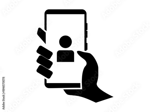 Video Chat Icon on Smartphone with Hand Holding Mobile Phone, Editable Stroke Vector Illustration