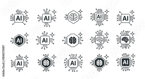 Set of 12 artificial intelligence icons with various designs and symbols
