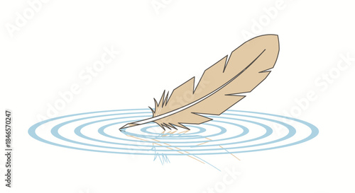 Feather on the Water Surface Creating Ripples, Minimalist Artistic Design Illustration