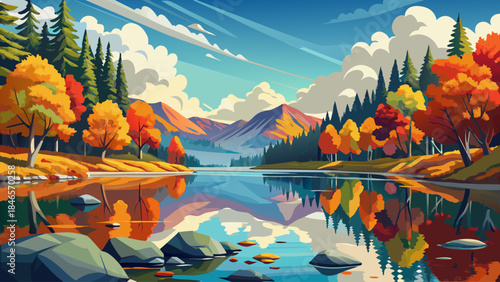 Very beautiful fall reflections on Boley Lake in Babcock State Park, mirror-like water surface, surrounding forest colors, and serene seasonal mood rendered in refined vector illustration.