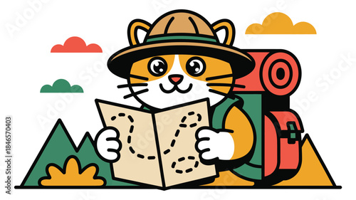 Cute cat in hiking gear studying a map outdoors