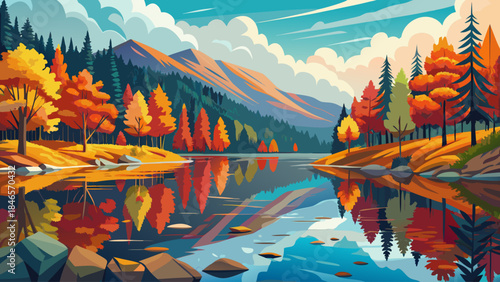 Very beautiful fall reflections on Boley Lake in Babcock State Park, mirror-like water surface, surrounding forest colors, and serene seasonal mood rendered in refined vector illustration.