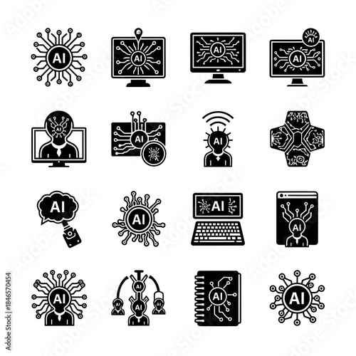 Set of black and white icons representing artificial intelligence, technology, and digital concepts