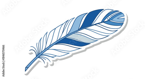Stylized blue feather illustration with intricate details and artistic flair is isolated on a