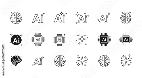 Collection of various artificial intelligence and brainthemed icons and symbols