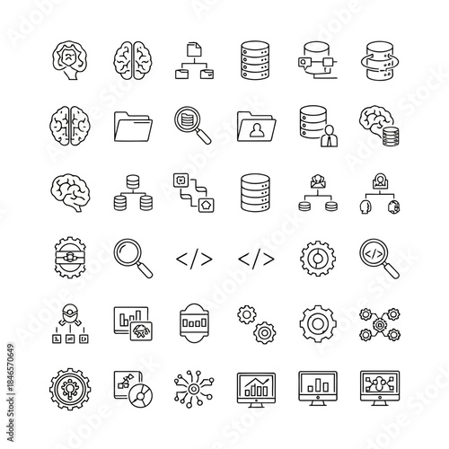 Collection of icons representing data, technology, and software development concepts