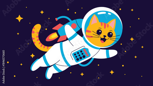 Cute cartoon cat in space suit exploring galaxy with stars