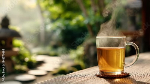 Wallpaper Mural Close Up of Steaming Tea in Glass Cup on Wooden Surface with Lush Green Garden and Stone Path in Soft Sunlight Torontodigital.ca