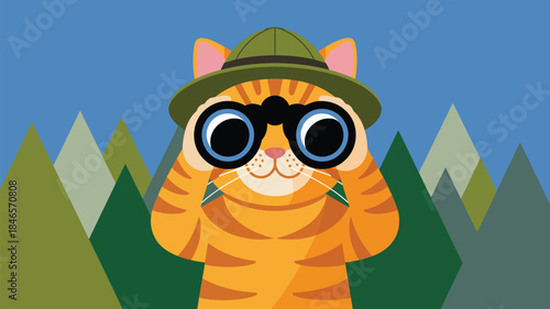 Curious cat explorer wearing binoculars in forest landscape