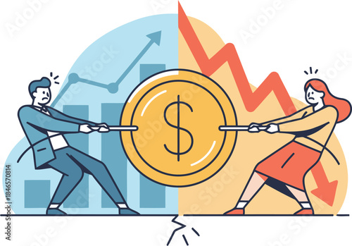 Two business professionals wrestle over a dollar coin in a financial tug of war symbolizing opposing market forces