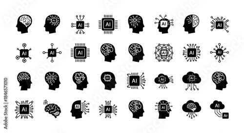 Collection of black and white icons representing human brains with various technological and abstract elements