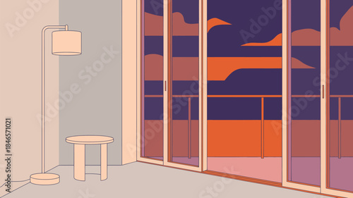 Cozy modern room with floor lamp and city view at sunset