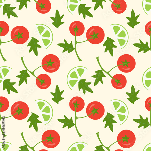 Vegetarian pattern with red tomatoes on branch and lime slices on soft beige background.