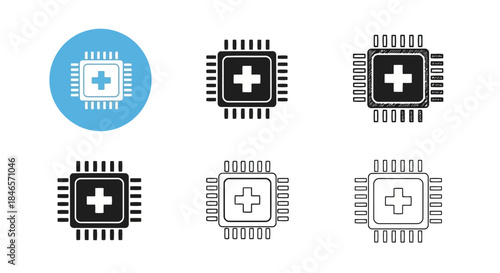 Collection of six medical icons featuring a cross symbol on a microchip design, representing healthcare technology