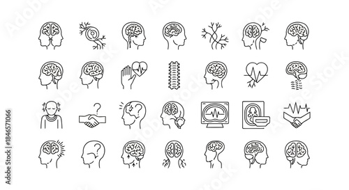 Illustration of various brain activities and thought processes with different symbols and icons