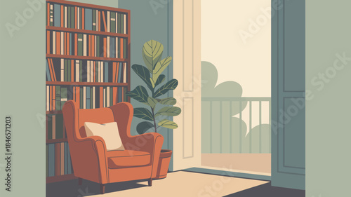 Cozy reading nook with bookshelf and plant by the window