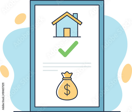 A laptop screen displays home ownership approval with a money bag and checkmark for financial success