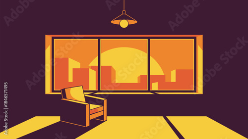 Modern minimalist room with city view at sunset