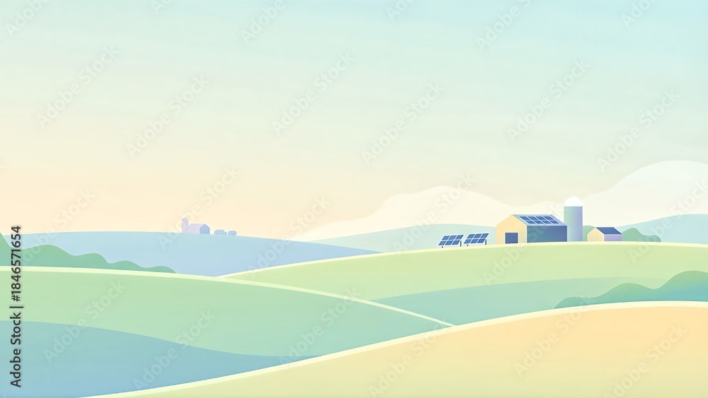 Fototapeta premium Idyllic flat design illustration of a sustainable farm in a serene rolling green landscape under