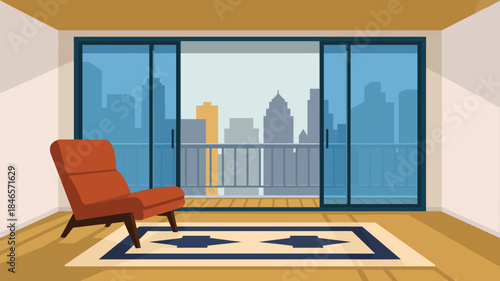 Modern living room with city view and comfortable chair indoors