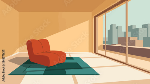 Modern living room with orange chair and city view