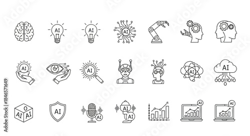 Collection of icons representing artificial intelligence, brain, lightbulb, robot, cloud, and data analysis concepts